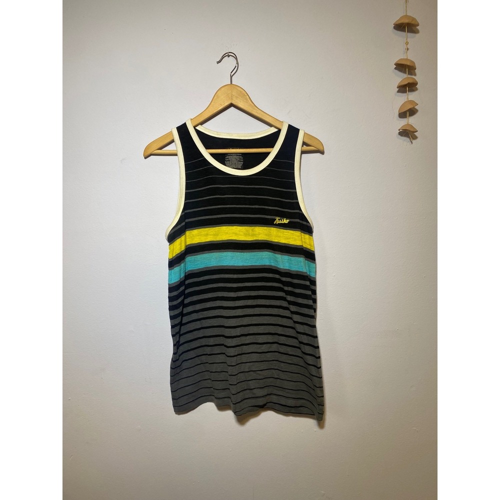 Fyasko Mens Striped Tank Top XL Black Grey Yellow Turquoise Cotton Sleeveless